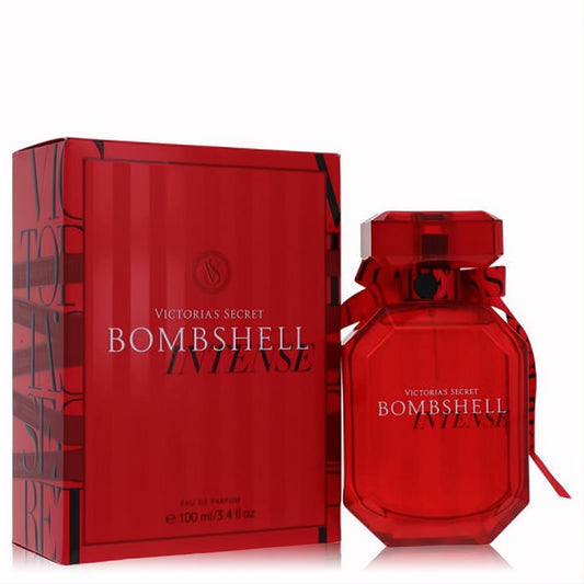 Victoria's Secret Bombshell Intense 3.4 oz EDP. Bold red faceted bottle with ribbon and matching luxurious box.