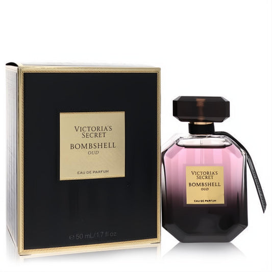 Luxurious Victoria's Secret Bombshell Oud 1.7 oz EDP. Features a stunning purple gradient bottle, black cap, and elegant black & gold box.