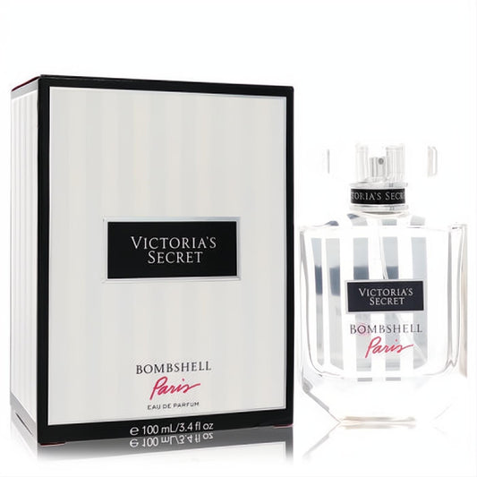 Elegant Victoria's Secret Bombshell Paris 3.4 oz EDP. Clear striped bottle, chic white and black striped box with red Paris script.