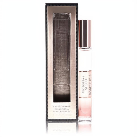 Victoria's Secret Bombshell Seduction .23 oz mini EDP rollerball. Elegant clear glass with rose gold cap, light pink fragrance, in a sleek black box.