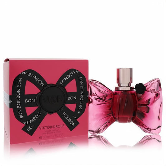 Viktor & Rolf Bon Bon 1.7 oz EDP. Iconic pink bow glass bottle with metallic cap, next to its vibrant fuchsia box.