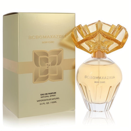 Stunning Bon Chic Max Azria 3.4 oz Eau De Parfum spray. Elegant clear bottle, golden liquid, and intricate amber floral cap, with its gold box.