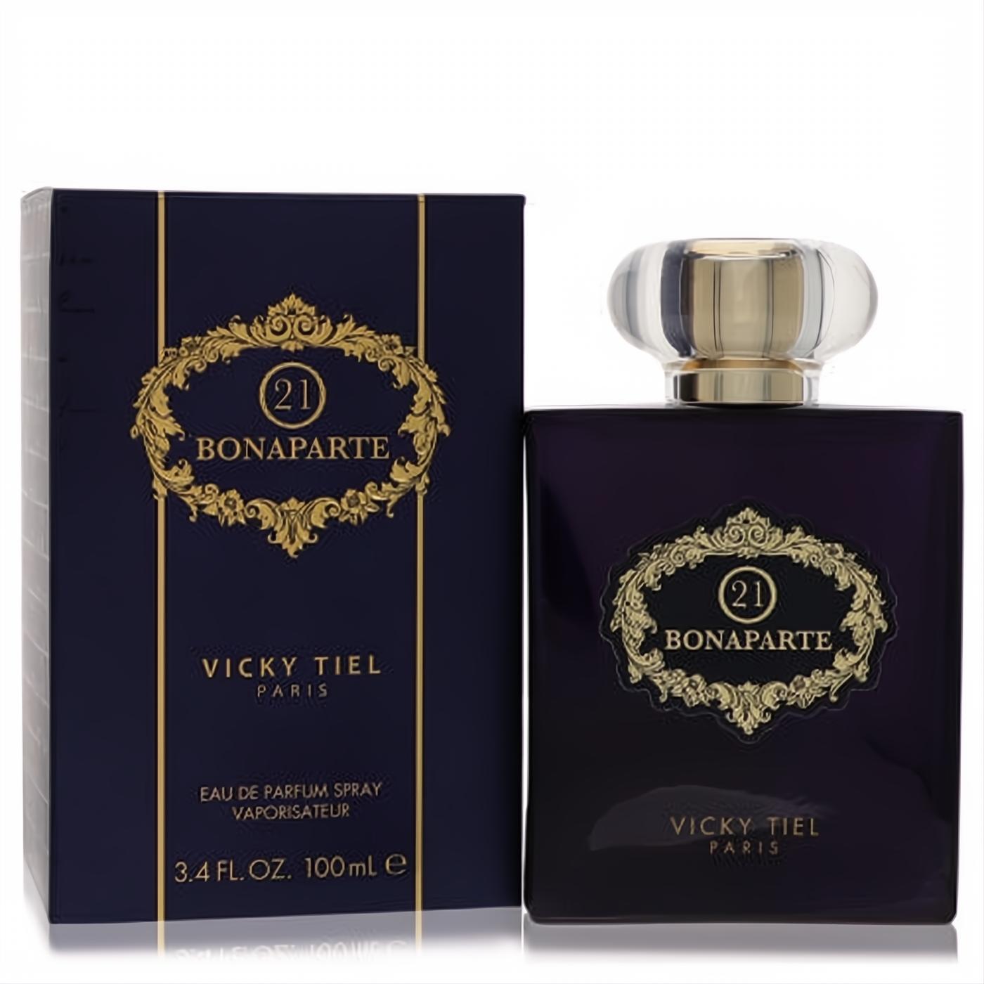 Luxurious Vicky Tiel Bonaparte 21 Eau De Parfum, 3.4 oz. Deep purple bottle with ornate gold label and clear ribbed cap, alongside its matching box.