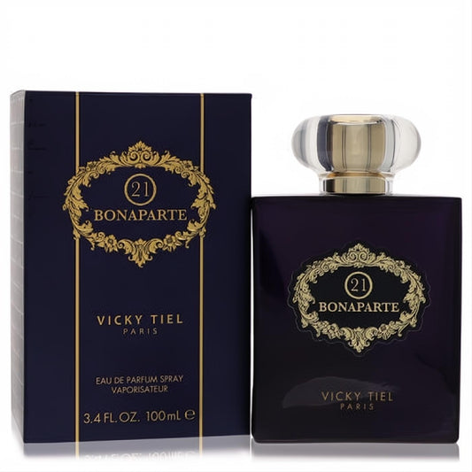 Luxurious Vicky Tiel Bonaparte 21 Eau De Parfum, 3.4 oz. Deep purple bottle with ornate gold label and clear ribbed cap, alongside its matching box.