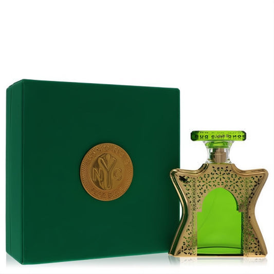 Bond No. 9 Dubai Jade 3.3 oz EDP. Striking green bottle with ornate gold filigree, luxurious emerald box, gold NYC medallion.