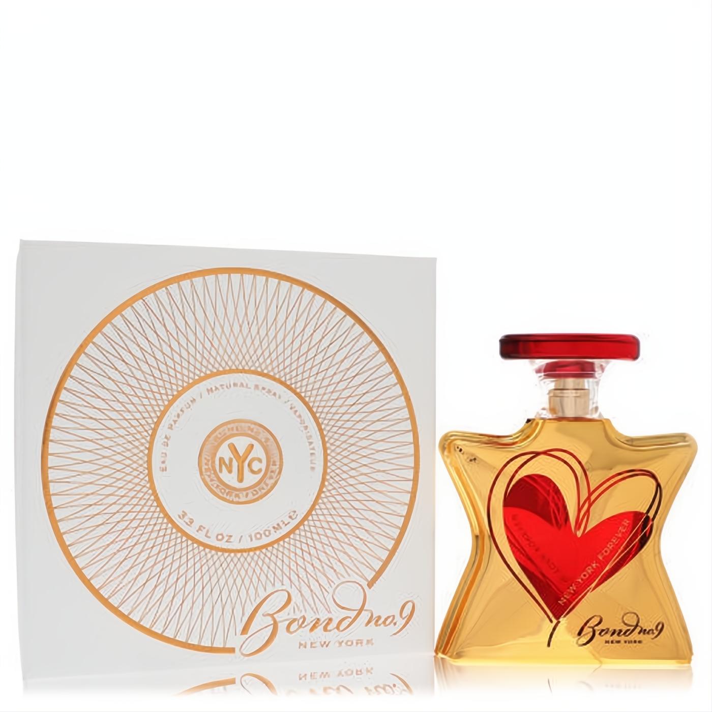 Bond No. 9 New York Forever 3.4 oz unisex EDP. Golden bottle with a vibrant red heart, red cap, and elegant white box.
