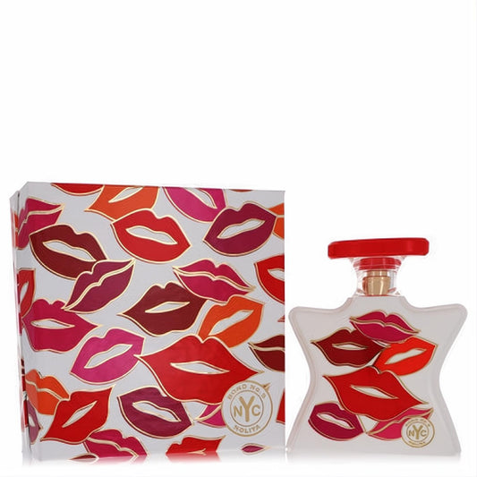 Bond No. 9 Nolita 3.4 oz EDP. Signature star bottle and box with playful red, pink, and burgundy lip prints.