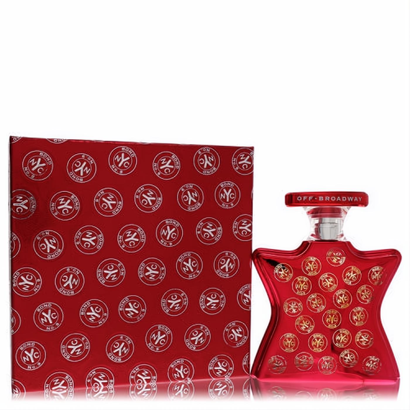 Iconic red Bond No. 9 Off Broadway 3.4 oz unisex EDP. Star bottle with gold NYC emblems, 'OFF-BROADWAY' cap, and matching box.