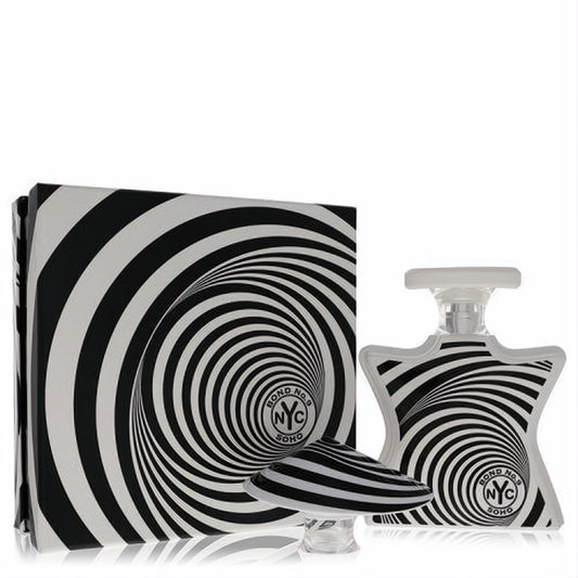 Bold Bond No. 9 Soho 3.3 oz EDP bottle and box, featuring a mesmerizing black and white spiral design with the NYC logo.
