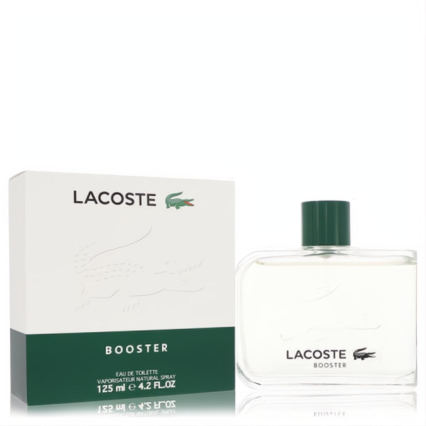Lacoste Booster 4.2 oz Eau de Toilette. Clear glass spray bottle with green cap and iconic white & green branded box.