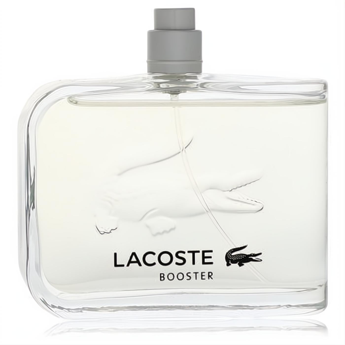 Sleek Lacoste Booster men's Eau De Toilette spray, 4.2 oz, in a clear glass bottle with embossed crocodile and grey cap.