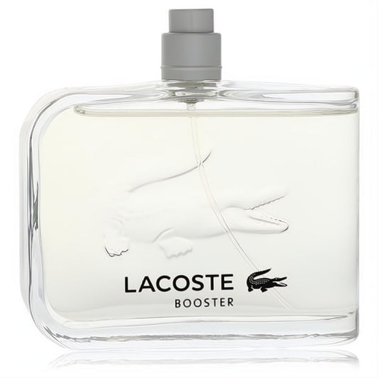 Sleek Lacoste Booster men's Eau De Toilette spray, 4.2 oz, in a clear glass bottle with embossed crocodile and grey cap.