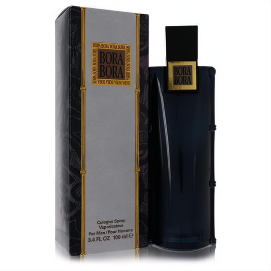 Bora Bora by Liz Claiborne men's 3.4 oz cologne. Sleek dark blue glass bottle with gold label, beside its elegant silver box.