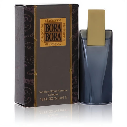 Elevate your scent with Bora Bora by Liz Claiborne .18 oz men's cologne. Sleek dark gray bottle, gold cap, patterned box.