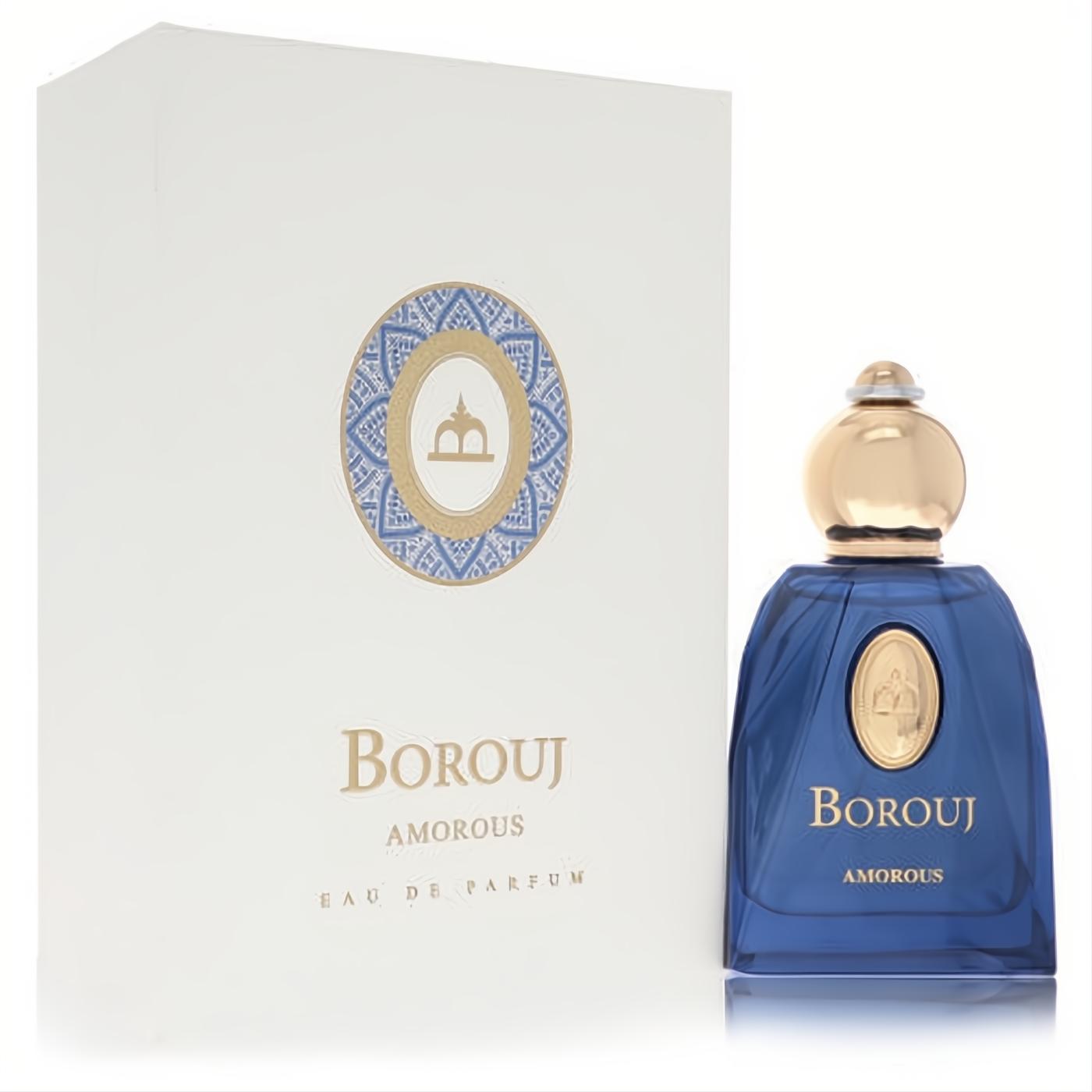 Borouj Amorous unisex Eau De Parfum: vibrant blue bottle with gold cap, next to its elegant white box.