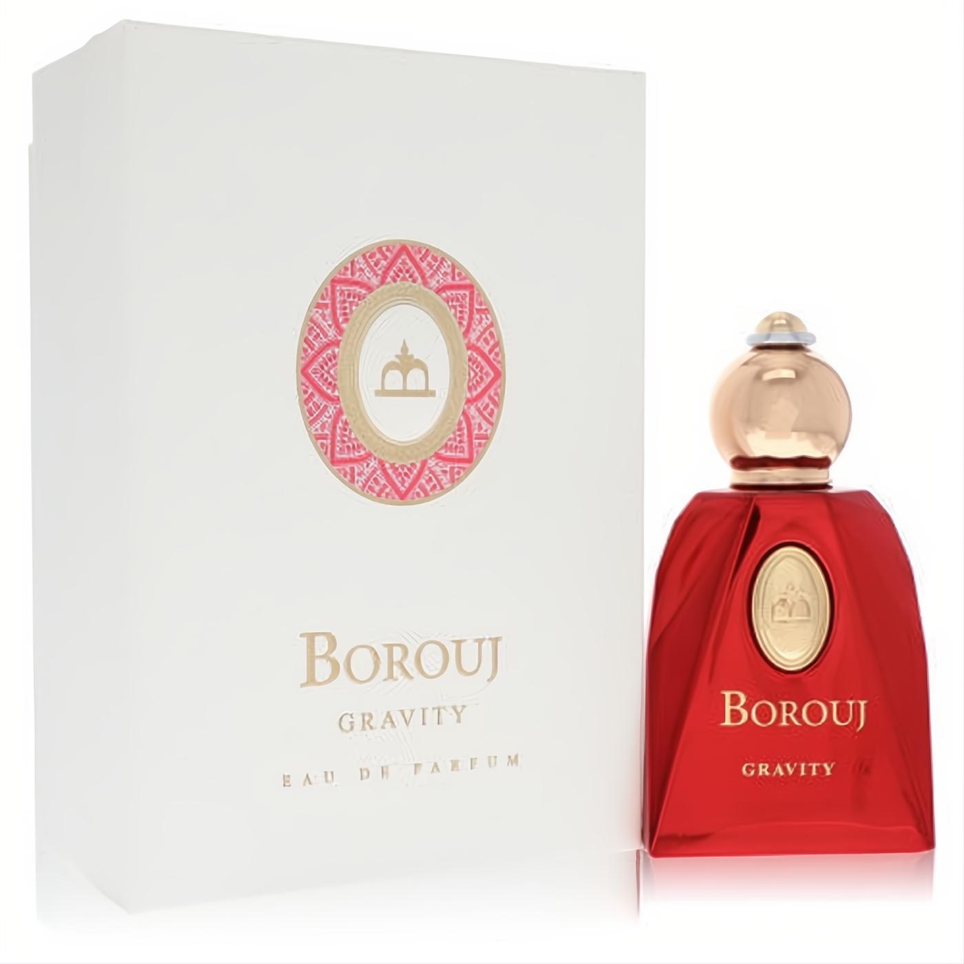 Bold Borouj Gravity 2.8 oz unisex EDP in a sleek red bottle with a gold cap and emblem, alongside its elegant white box.