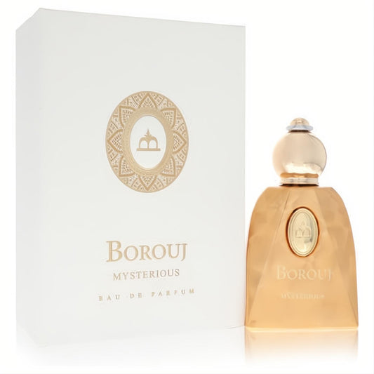 Borouj Mysterious unisex Eau De Parfum, 2.8 oz. Exquisite gold bottle with unique design and elegant white box.