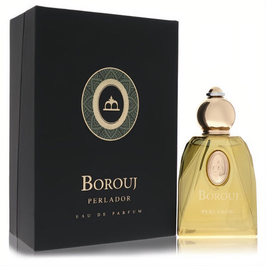 Exquisite Borouj Perlador Eau De Parfum. Golden fragrance in a clear glass bottle with a gold cap, next to its elegant black and gold box.