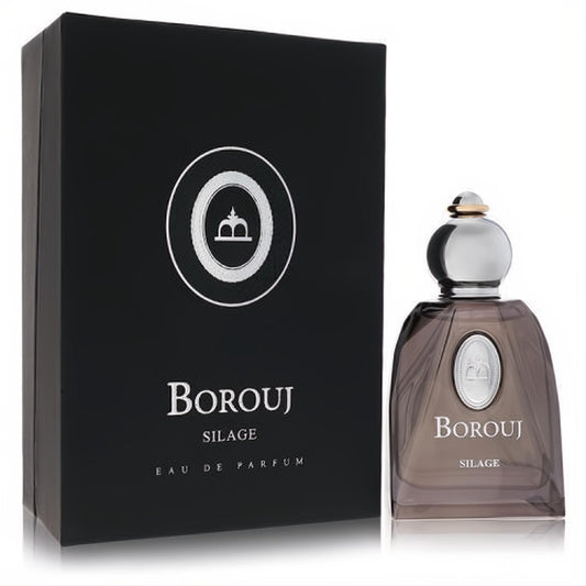 Luxurious Borouj Silage unisex Eau De Parfum, 2.8 oz. Sleek smoky brown glass bottle with silver and gold cap, beside its matte black box.