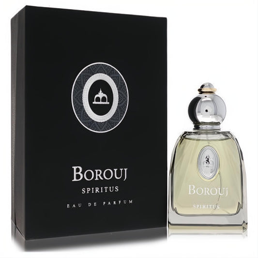 Luxurious Borouj Spiritus 2.8 oz unisex Eau De Parfum. Clear glass bottle with elegant silver cap and sophisticated black box.