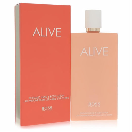 Boss Alive 6.7 oz perfumed hand & body lotion. Chic peach bottle, coral box, white text, gold cap detail.