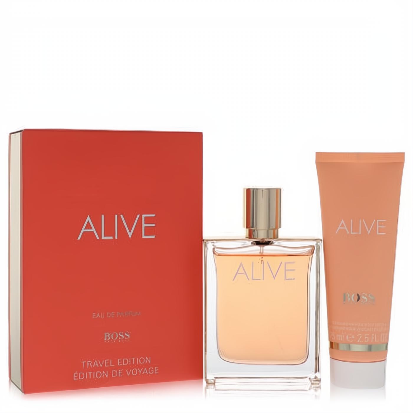 Boss Alive women's gift set: vibrant red-orange box, elegant 2.7 oz EDP bottle, and 2.5 oz body lotion tube.