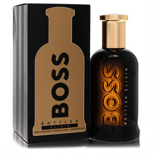 Luxurious Boss Bottled Elixir 3.4 oz men's parfum intense. Dark glass bottle with glowing gold BOSS logo, sleek gold cap, and matching black box.