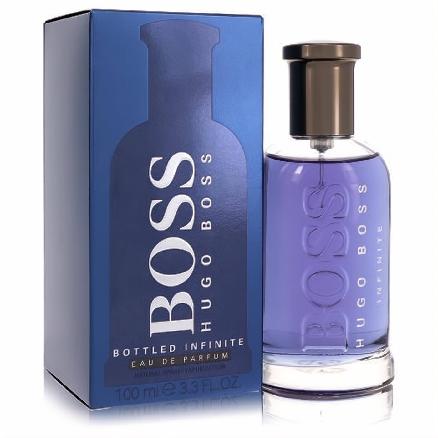 Boss Bottled Infinite 3.3 oz EDP spray: elegant clear bottle with purple fragrance, bronze cap, and sleek blue box.