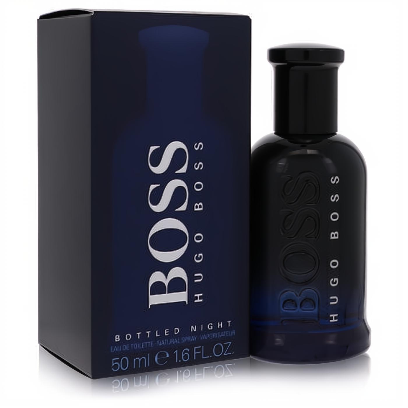Boss Bottled Night 1.7 oz men's EDT spray. Sleek dark blue glass bottle with black cap and matching elegant box.