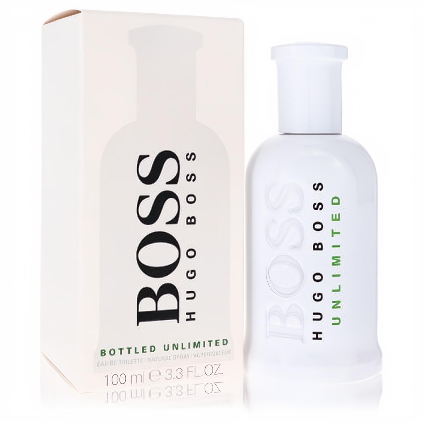 Unleash confidence with Boss Bottled Unlimited 3.3 oz men's EDT. Modern white bottle, green accents, and matching box.