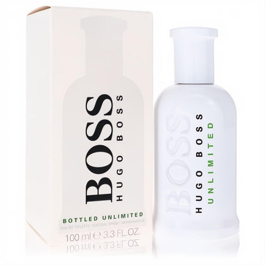 Unleash confidence with Boss Bottled Unlimited 3.3 oz men's EDT. Modern white bottle, green accents, and matching box.