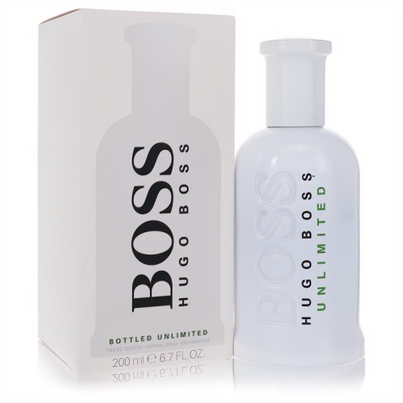 Elevate your style with the crisp white Boss Bottled Unlimited 6.7 oz EDT spray bottle, featuring green "UNLIMITED" text, beside its elegant box.