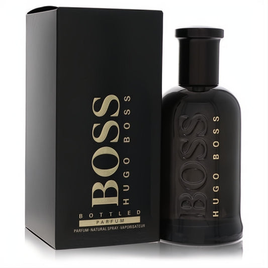 Luxurious Boss Bottled by Hugo Boss Parfum 3.4 oz spray. Dark glass bottle with embossed gold logo, paired with its elegant matching box.