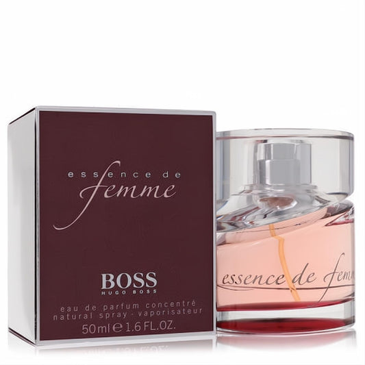 Experience Boss Essence de Femme Eau de Parfum. Elegant curved glass bottle with peach liquid and its chic burgundy 1.6 fl.oz. box.