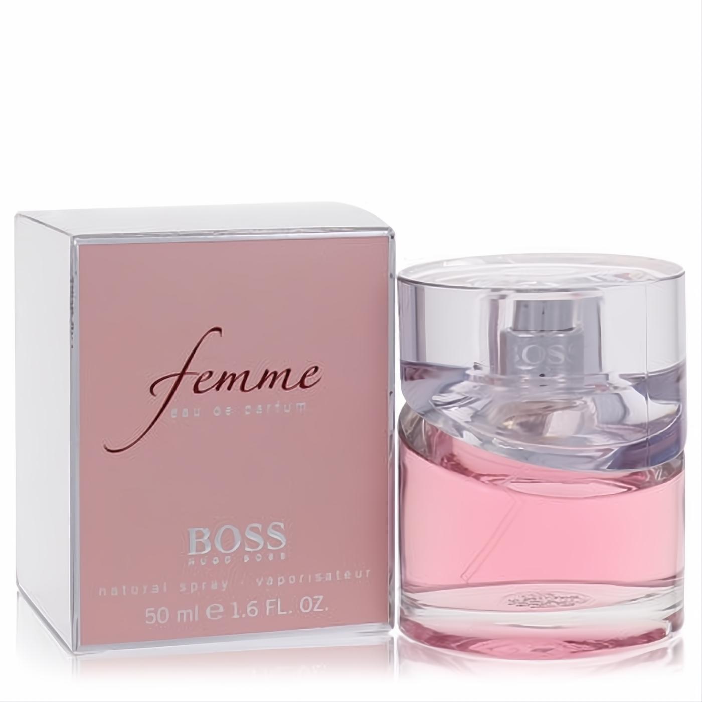 Hugo Boss Femme Eau De Parfum spray, 1.6 fl oz, in a sleek clear bottle with soft pink liquid and elegant matching rose box.