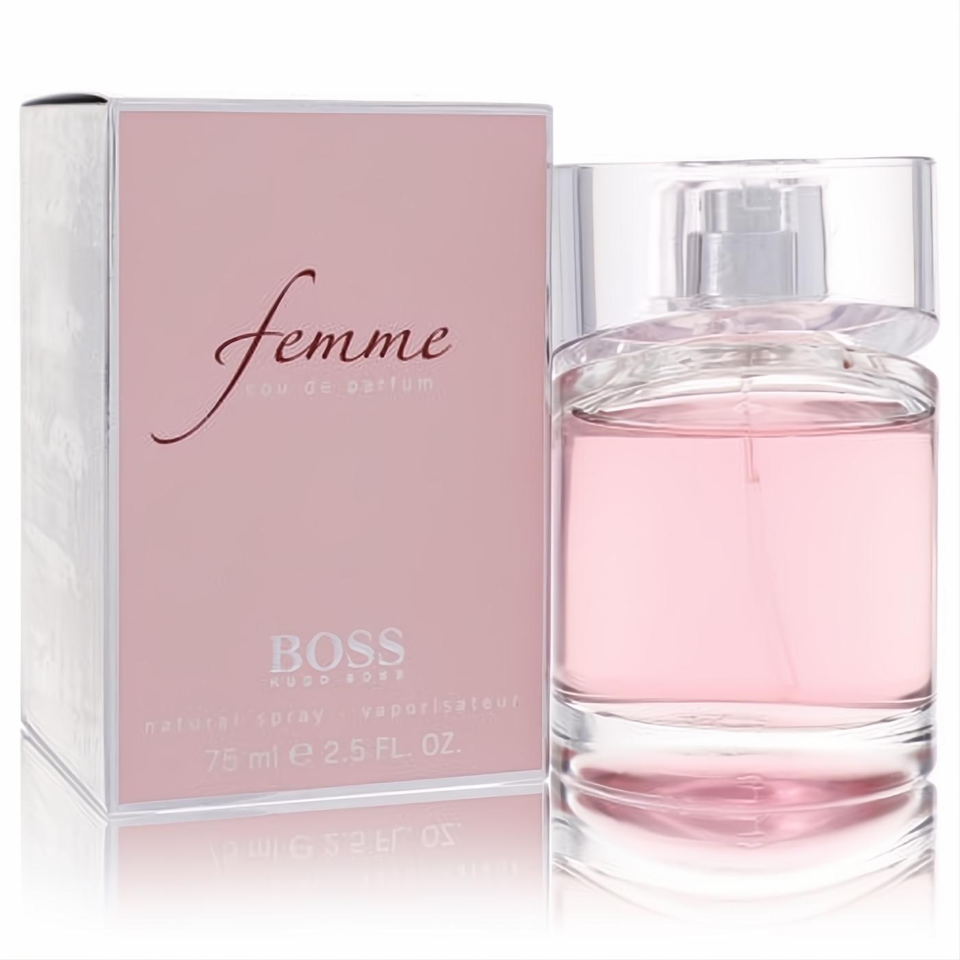 Experience Boss Femme by Hugo Boss 2.5 oz EDP spray. This enchanting light pink fragrance comes in a sleek clear glass bottle with its chic pink box.