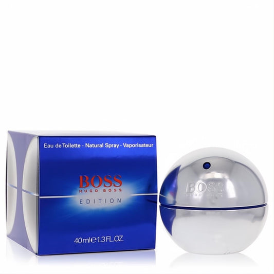 Boss In Motion Electric 1.3 oz EDT: sleek silver spherical bottle with blue accent, vibrant blue box.