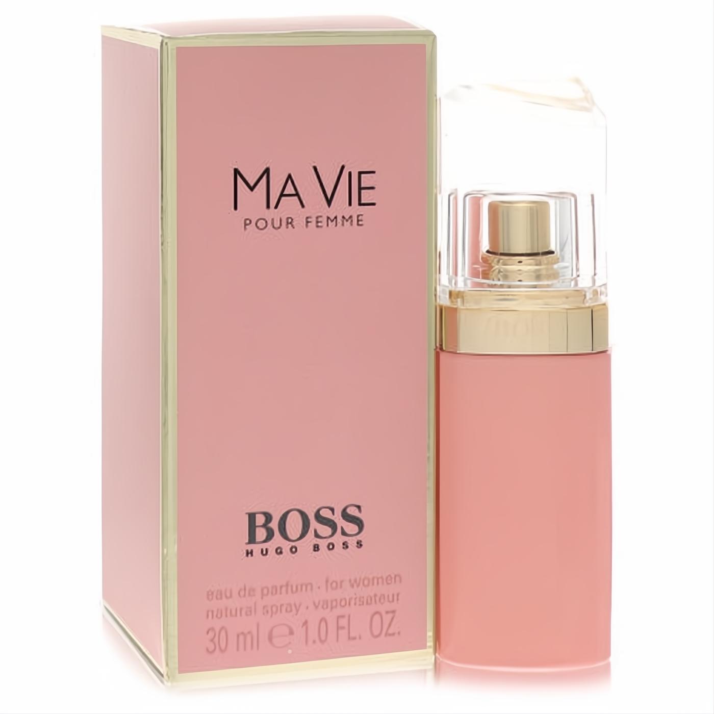 Boss Ma Vie 1 oz Eau De Parfum for women. Chic matte pink spray bottle with gold accents and matching Hugo Boss box.