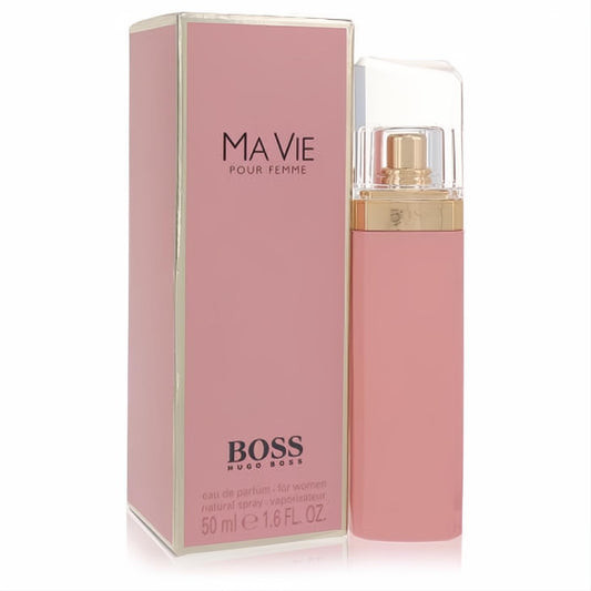Boss Ma Vie 1.6 oz EDP spray: elegant matte pink bottle with gold accents, presented with its matching box.