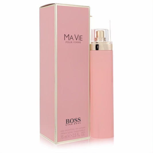 Boss Ma Vie by Hugo Boss 2.5 oz women's EDP. Elegant matte pink bottle with gold accents and matching box.