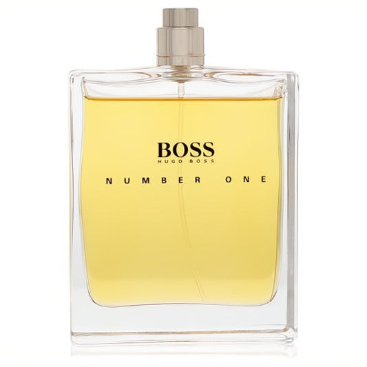Sophisticated Hugo Boss No. 1 men's EDT tester, 3.3 oz. Clear glass bottle with radiant golden liquid and sleek silver cap.