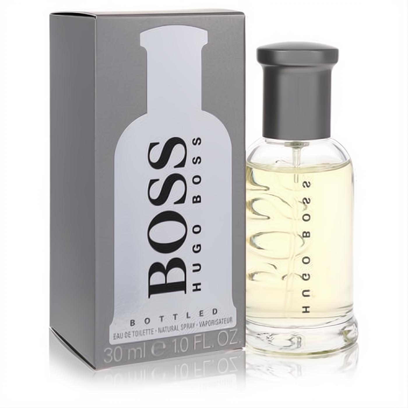 Boss Bottled No. 6 men's 1 oz Eau De Toilette. Iconic clear glass bottle with grey cap, presented with its sleek grey box.