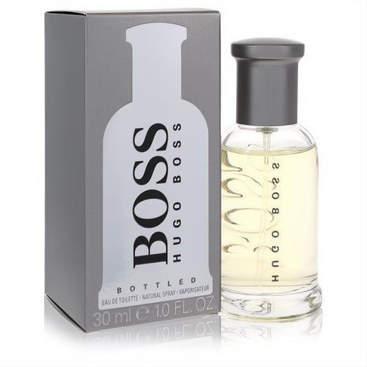 Boss Bottled No. 6 men's 1 oz Eau De Toilette. Iconic clear glass bottle with grey cap, presented with its sleek grey box.