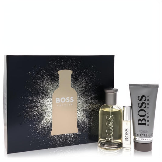 Boss No. 6 Hugo Boss men's fragrance gift set. Includes 3.3oz EDT, mini spray, and shower gel. Elegant black & gold box.