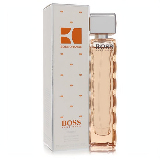 Boss Orange by Hugo Boss 2.5 oz EDT. Vibrant amber textured bottle, silver cap, and matching white-orange branded box.