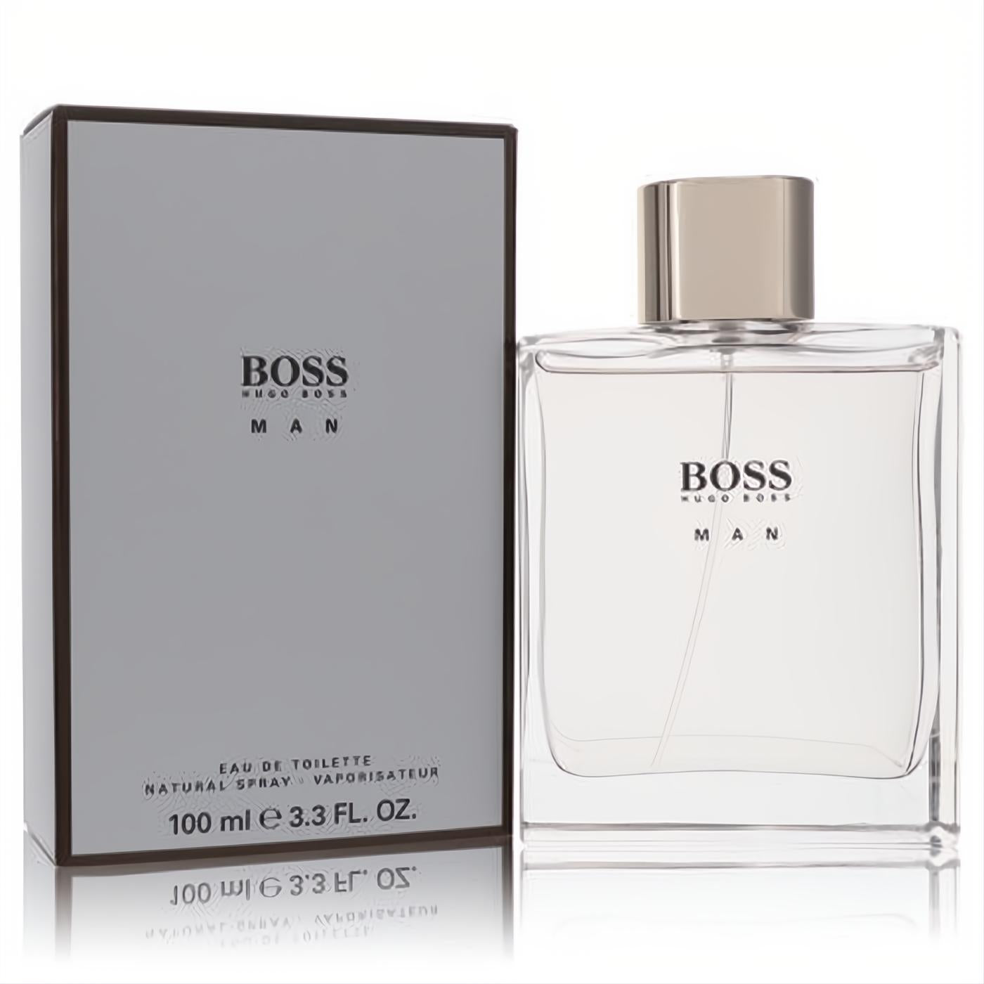 Elevate your style with Hugo Boss BOSS MAN Eau De Toilette spray, 3.3 oz. Clear glass bottle, metallic silver cap, and elegant grey box.