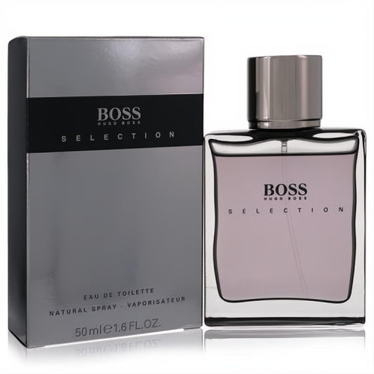 Boss Selection Hugo Boss men's 1.7 oz EDT spray. Modern clear glass bottle, silver cap, light purple liquid, and sleek grey packaging.
