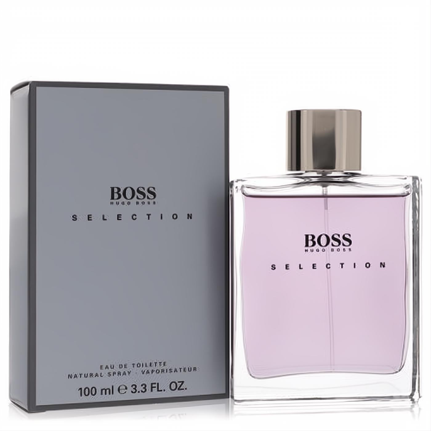 Boss Selection by Hugo Boss 3.3 oz EDT spray. Sophisticated clear glass bottle with light purple fragrance, silver cap, and elegant gray box.