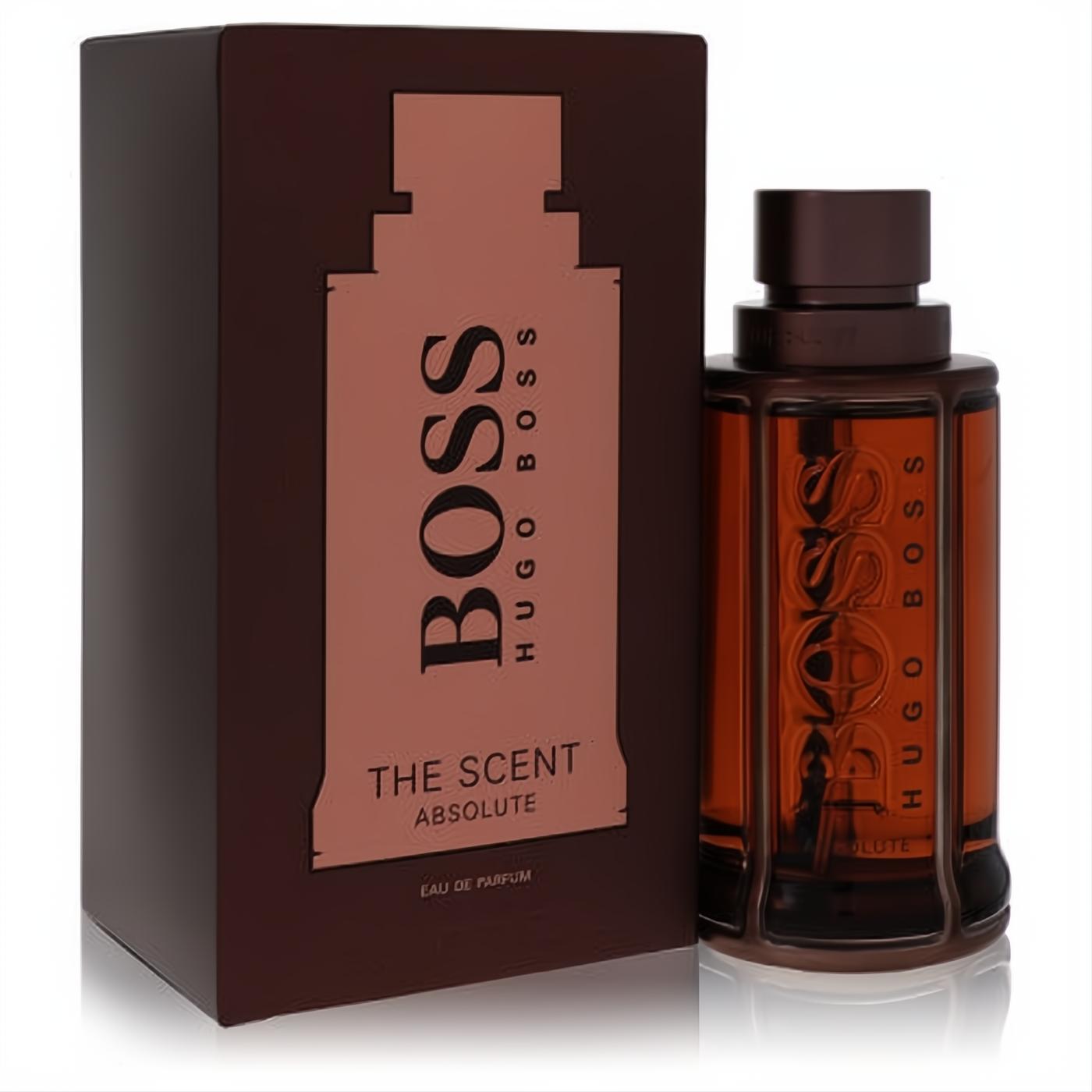 Boss The Scent Absolute men's Eau de Parfum. Striking amber glass bottle with dark brown cap and elegant matching branded box.