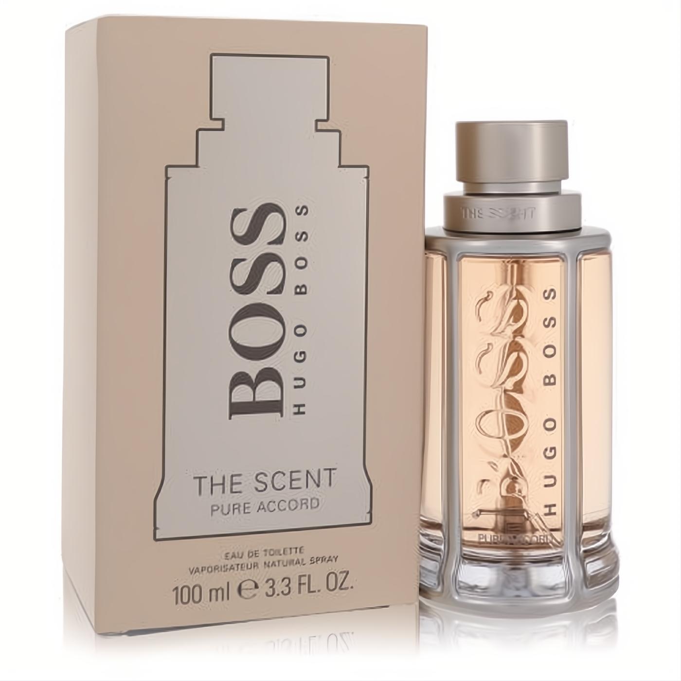 Hugo Boss The Scent Pure Accord 3.3 oz EDT for men. Sophisticated amber fragrance in a textured glass bottle with sleek silver cap & matching beige box.